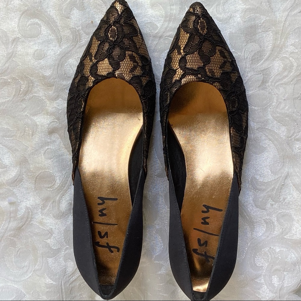 French Sole FS/NY black lace wedge pumps heels shoes size 6.5 NWOB